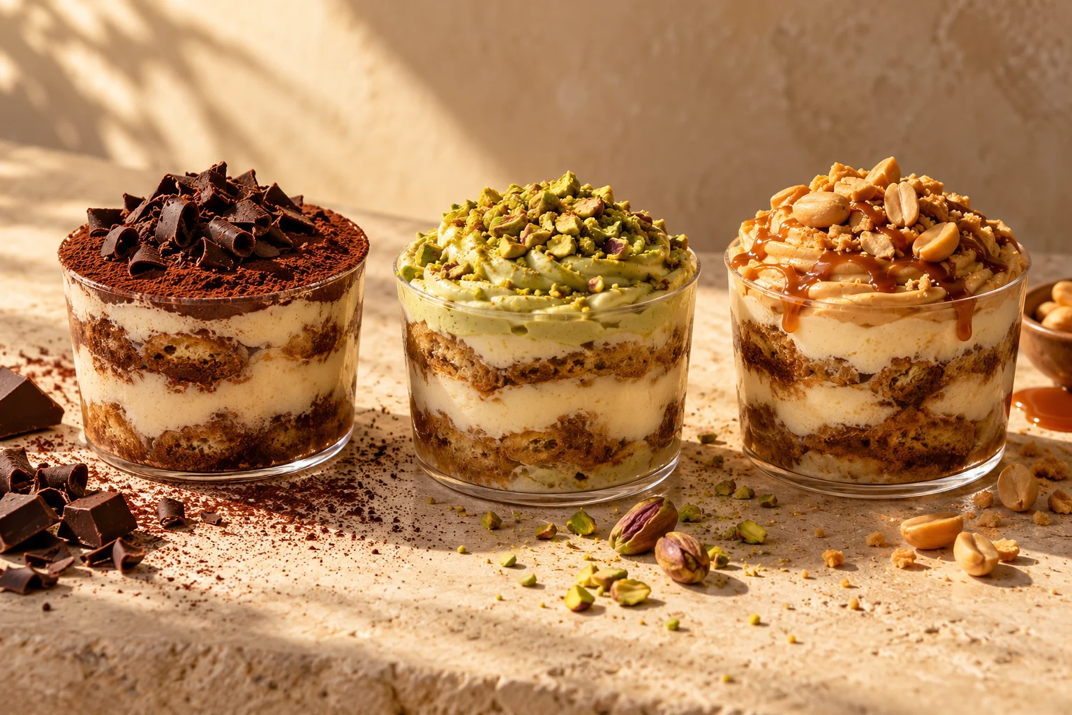 Classic cocoa, pistachio, and peanut butter tiramisu cups with visible coffee and cream layers